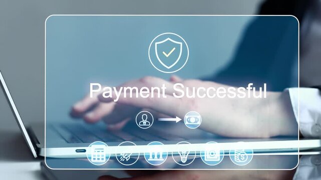 Successful online payment confirmation with a laptop and user interaction in a modern workspace setting.
