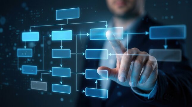 A businessman pointing at a digital hierarchy management scheme and corporate processing flowchart.