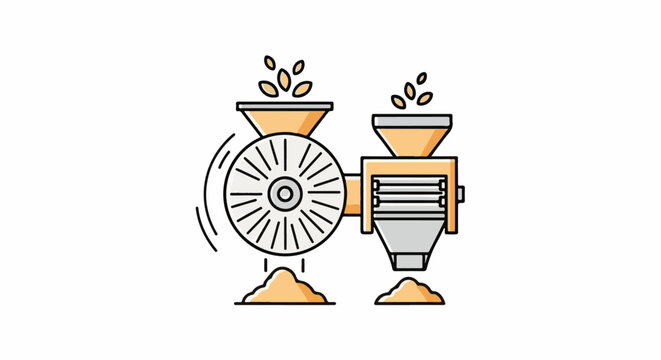 Industrial machine processes grains into flour, creating piles of product