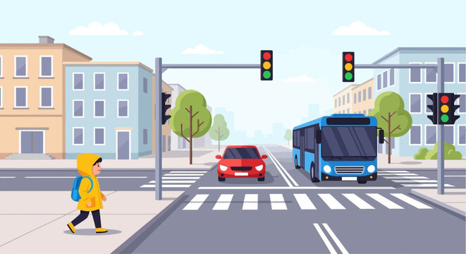 Child crossing street at crosswalk with school backpack, cars and bus at traffic light