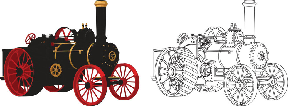Vintage steam traction engine black and red illustration with outline isolated on white background