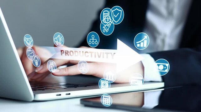 Hands working on a laptop with productivity icons showing different business activities and tasks in an office setting during daytime.