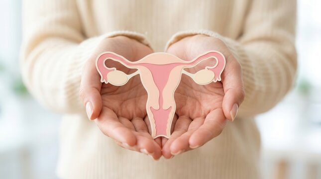 Woman holding a uterus and vagina model for gynecology and cervix cancer awareness.