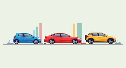 Fototapeta premium Cars Comparison: Blue, Red, Yellow Vehicles with Bar Chart Background