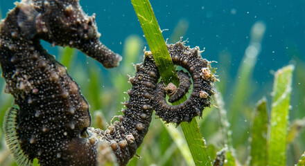 An extreme macro shot focusing on the prehensile tail of a Great Seahorse tightly curled around a single blade of bright green seagrass. The focus is sharp on the bony, armored rings of the tail  © WealthyMinion