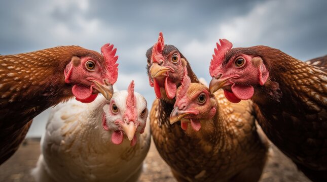 Five curious chickens with red combs closely grouped together, looking intently at the camera under a cloudy sky.