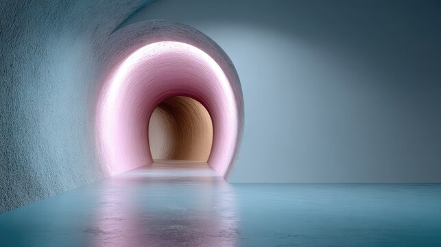 Modern abstract tunnel with soft lighting and smooth floor, featuring colorful hues and minimalist design elements in a serene environment