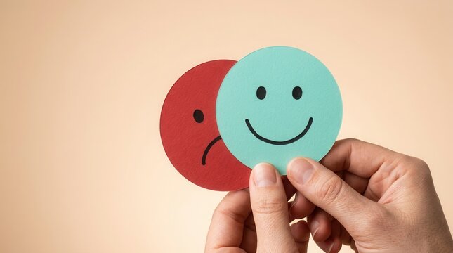 Hands holding a happy face mask that hides a sad face behind it, representing bipolar disorder and depression.