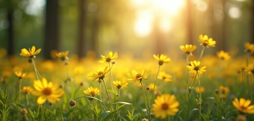 Obraz premium Field of small yellow wildflowers bathed in warm sunlight. Tall green grass and trees form a soft blurred background. Nature scene creates peaceful calm mood, beautiful floral background.