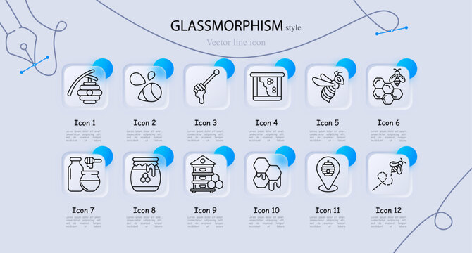 Honey beekeeping set icon. Beehive branch, bee insect, honey dipper stick, honey frame box, flying bee, jar dipper, dripping pot, honeycomb cells, apiary house, wax comb