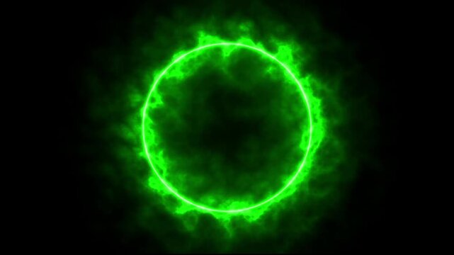 Energetic green neon ring portal swirls with fiery aura on black background, circle