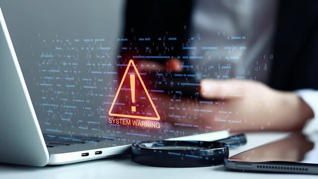 Warning sign appears on computer screen as user interacts with keyboard during system check.