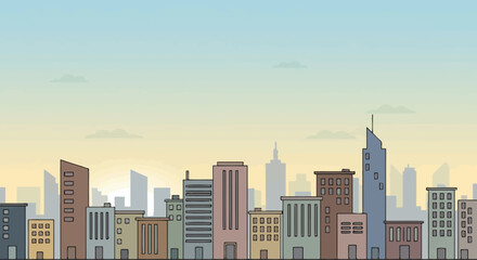 Fototapeta premium Cartoon cityscape at sunrise with various buildings and a pastel sky.