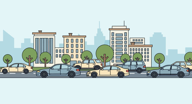 City Traffic Jam Illustration: Cars on Road with Buildings and Trees