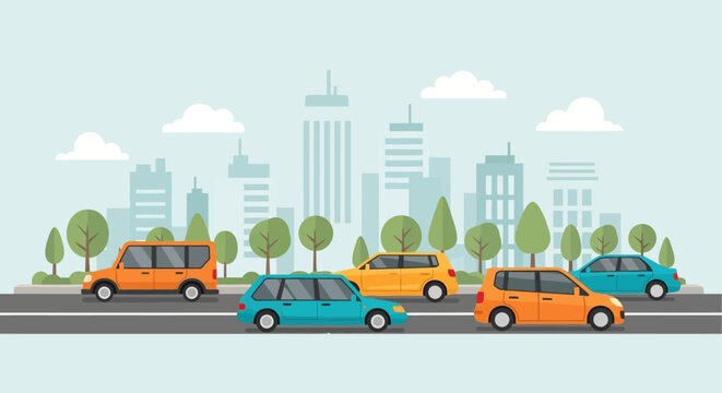 City traffic jam with colorful cars on road, urban skyline background, flat design