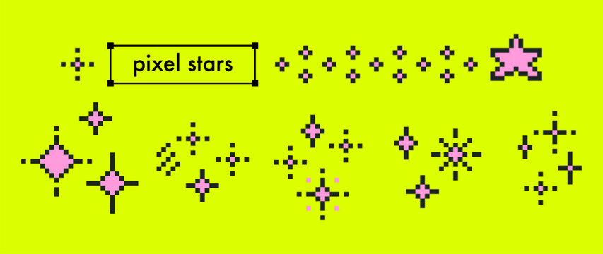 Pixel stars icon set. Retro 8-bit style with sparkles and glowing elements. Y2k UI collection for apps, game interfaces, notifications, highlights, digital products. Vector illustration
