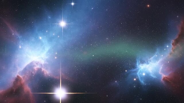 A beautiful and colorful depiction of a distant with many bright stars and nebulas in space