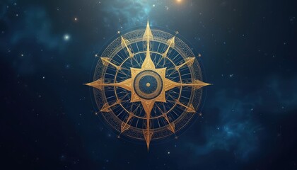 Fototapeta premium Golden compass mandala graphic on starry night sky background. Intricate geometric design represents navigation direction. Spiritual symbol for life path guidance.