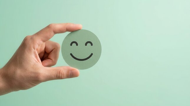 Hands holding a green happy smiley face representing excellent feedback and customer satisfaction.