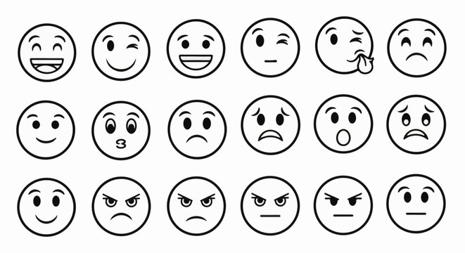 Collection of various black and white emoji faces expressing different emotions
