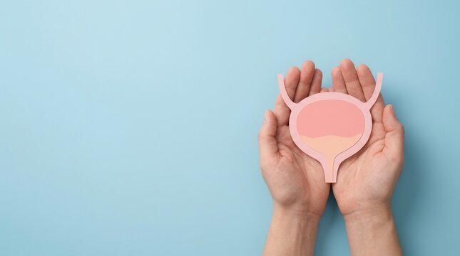 Hands holding a bladder cutout to represent cystitis, urethritis, and urinary incontinence.
