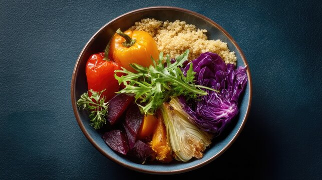 Colorful Healthy Bowl with Quinoa, Roasted Vegetables, Arugula, and Fresh Herbs on a Dark Surface for Nutrition and Culinary Photography