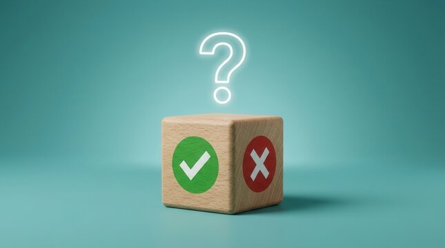 Wooden cube with tick mark and cross mark representing a yes or no decision.