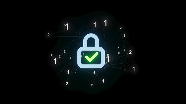 Digital lock symbol with green check mark surrounded by binary numbers on a dark background.