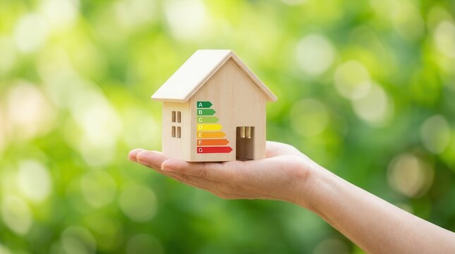 Hand holding a miniature wooden house with energy efficient rating class concept.