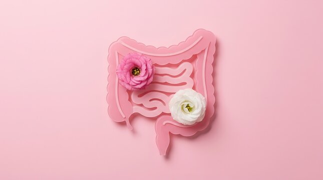 An intestine shape with flowers representing healthy bowel digestion and gut health.