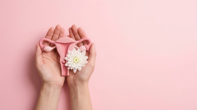 Woman holding a pink uterus model and delicate flowers for gynecology and cervix cancer awareness.