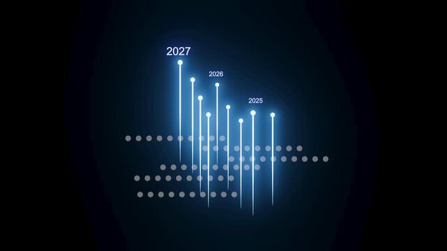 Growth trend shown with years 2025, 2026, and 2027 marked on a dark background with light lines and dots representing data increase.