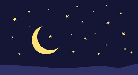 Naklejka premium Serene Night Sky with a Crescent Moon and Sparkling Stars, Inviting Peace and Tranquility Under the Celestial Glow