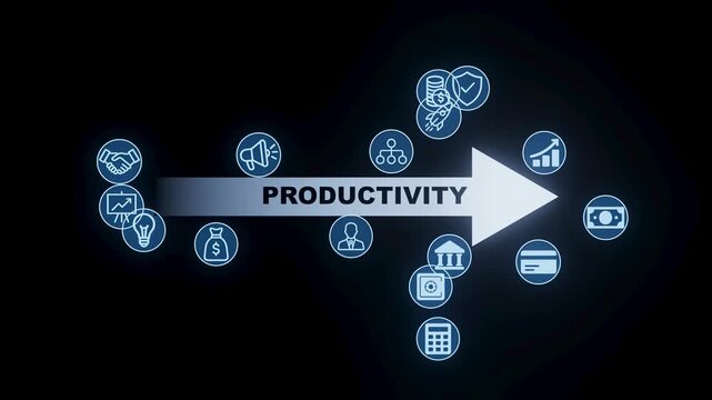 Icons showing productivity concepts and strategies in a simple layout with bright colors on a dark background.