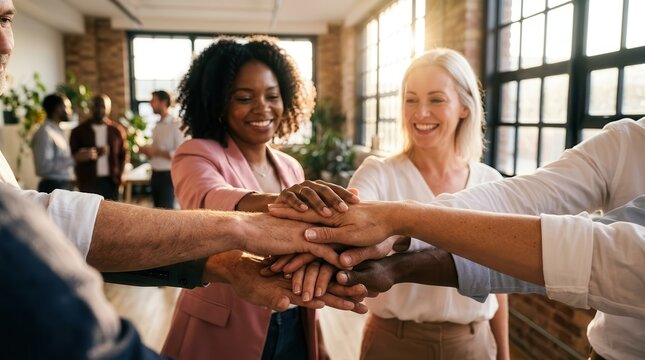 Diverse people joining hands together to represent teamwork, empathy, and partnership.