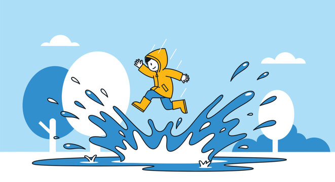 Kid in raincoat jumping into water puddle vector illustration splash day