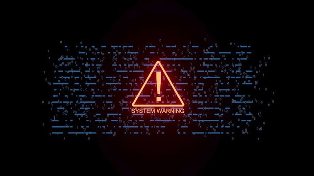 Warning message on a black screen with data flow and digital elements during a system error in a computer environment.