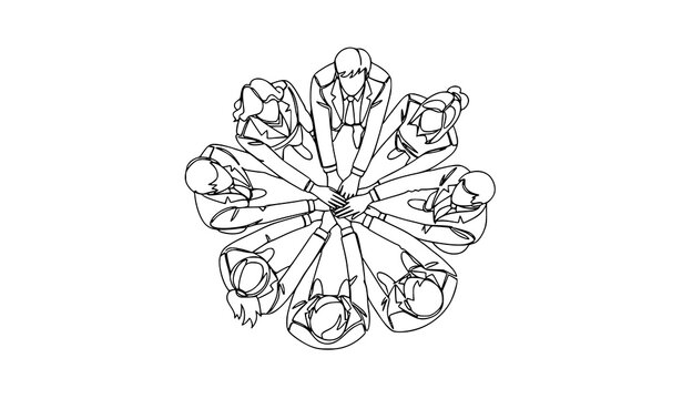 Continuous line drawing of business team joining hands in circle top view teamwork unity concept isolated on white background