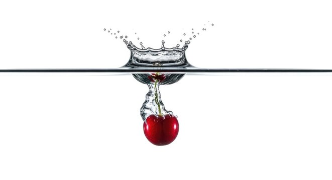 Red cherry dropping into clear water.