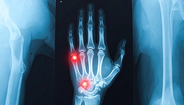 "X-ray of human hand with metacarpals highlighted in red, symbolizing injury, fracture, and medical diagnosis."