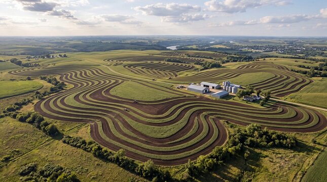 Panoramic Drone View of Contour Plowing on Rolling Hills &ndash; Sustainable Agriculture, Soil Conservation, and Precision Farming for Environmental Management