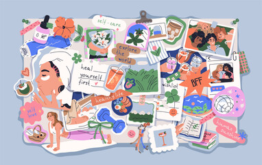 Obraz premium Vision board, planning map with future goals and dreams. Paper cutouts, picture, photos, memo notes collage. Wishes, desires, aims, habits, motivations and resolutions. Flat vector illustration
