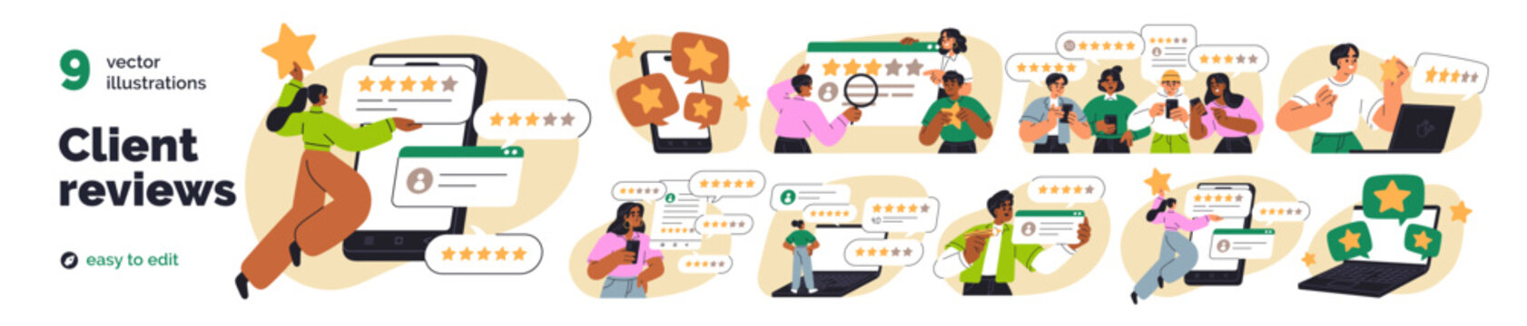 Customer feedback and client review concept set. People rank, share opinion, give star. Rating experience, satisfaction with business, service. Flat vector illustration isolated on white background