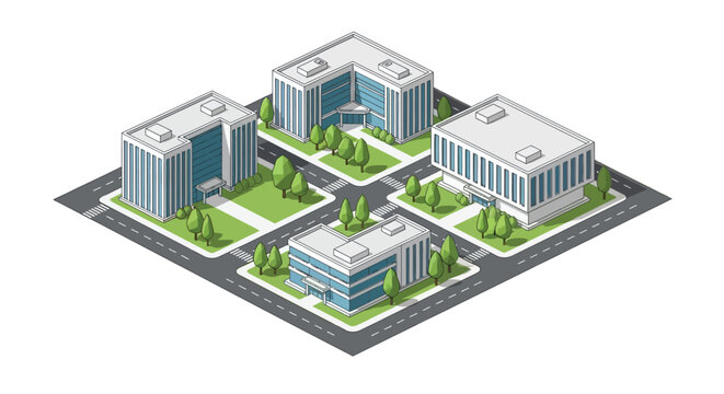 Isometric illustration depicting a small city landscape with modern buildings