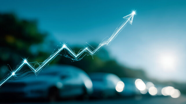 Economic Growth:  An illuminating graphic of an arrow pointing upwards, hovering above a line of cars symbolizes the upward trajectory of a vehicle industry.