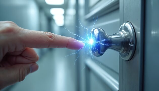 Finger touches metal doorknob creating bright blue electric spark. Static charge buildup causes a small discharge, a common winter household nuisance, unexpected energy release.