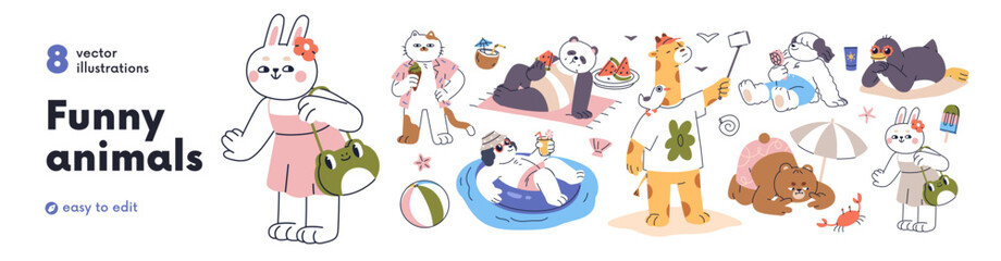 Fototapeta premium Funny animals at summer beach vacation. Set of cute bear, cat, giraffe, baby characters relaxing at tropical sea resort, swimming and sunbathing. Flat vector illustration isolated on white background