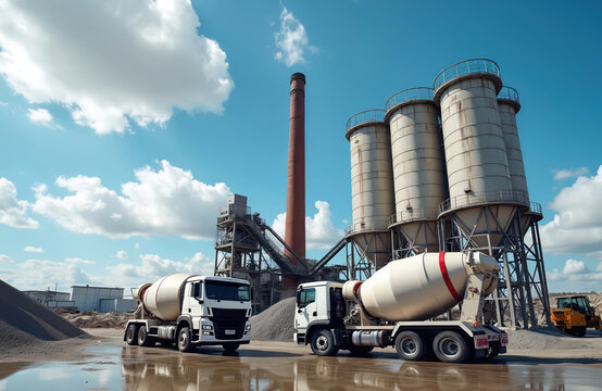 Concrete mixer trucks wait at industrial plant. Cement silos stand near red chimney. Heavy vehicles prepare for delivery of building material. Construction site activity.