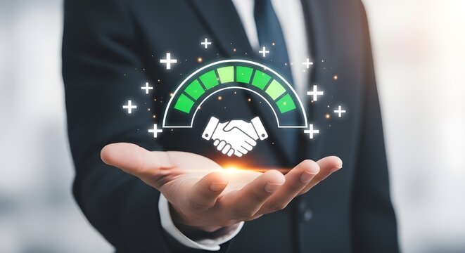 Professional displaying digital handshake icon with high satisfaction meter