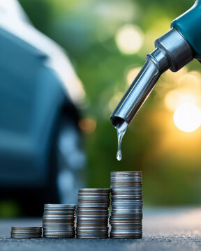 Rising Fuel Cost: A thought-provoking visual capturing the escalating cost of fuel with a nozzle dripping fuel over a stack of coins and car.